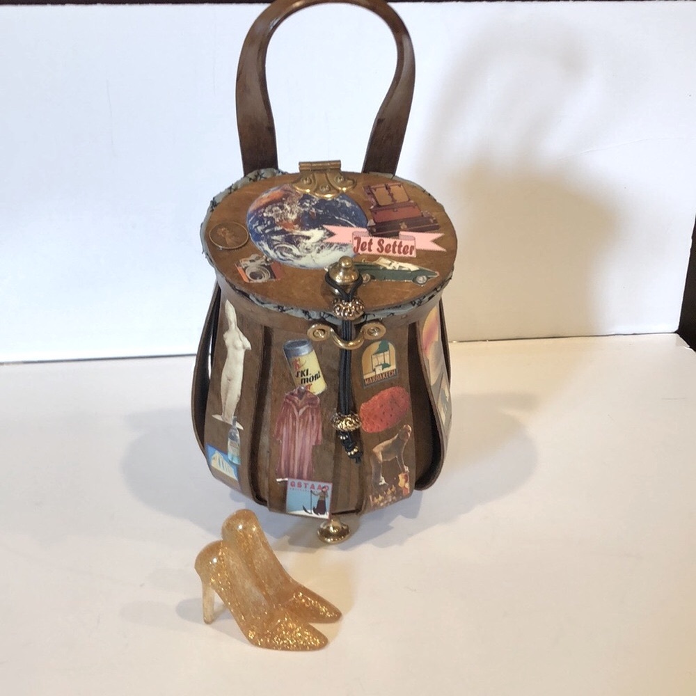 KATIE BAG VINTAGE - HAND CRAFTED DECOUPAGE WOODEN JETSETTER  BAG